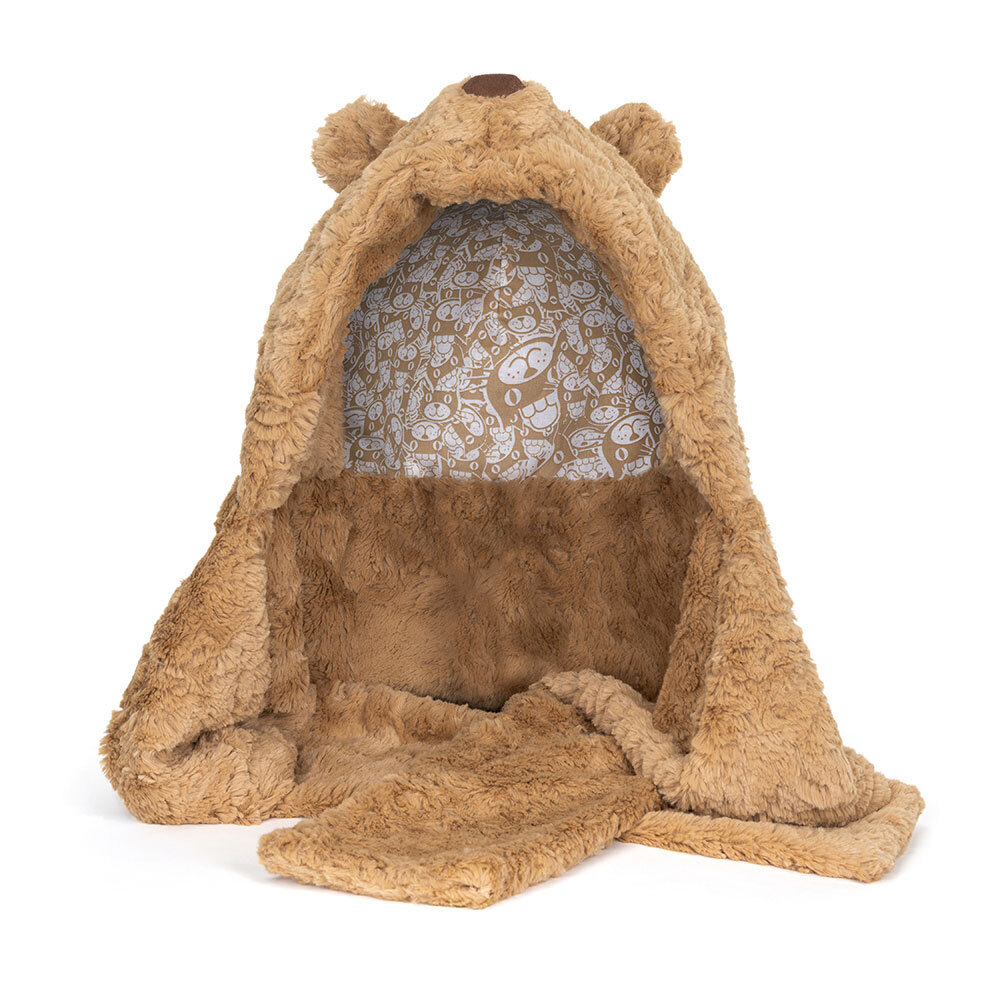 Jellycat brand bartholomew bear brown fuzzy hat and scarf combo hat with bear ears and nose on a white background