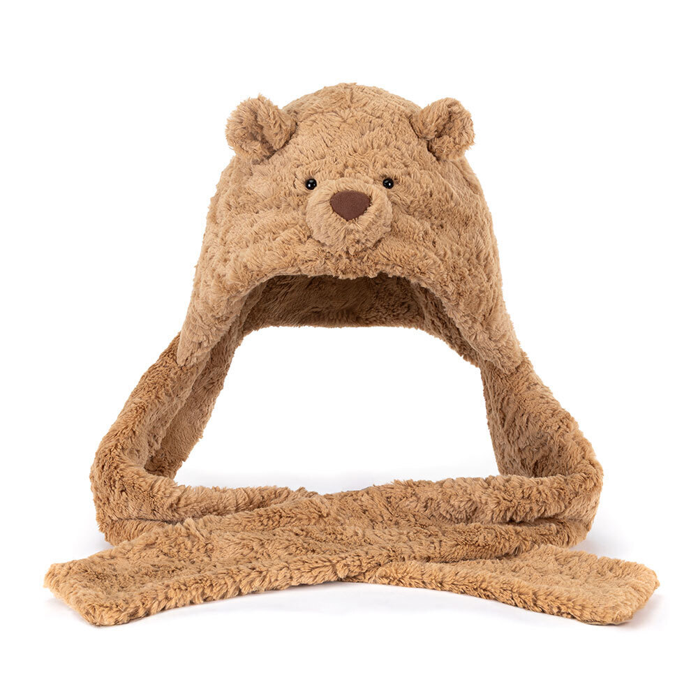 Jellycat brand bartholomew bear brown fuzzy hat and scarf combo hat with bear ears and nose on a white background