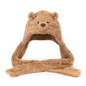 Jellycat brand bartholomew bear brown fuzzy hat and scarf combo hat with bear ears and nose on a white background