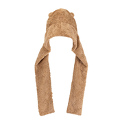 Jellycat brand bartholomew bear brown fuzzy hat and scarf combo hat with bear ears and nose on a white background