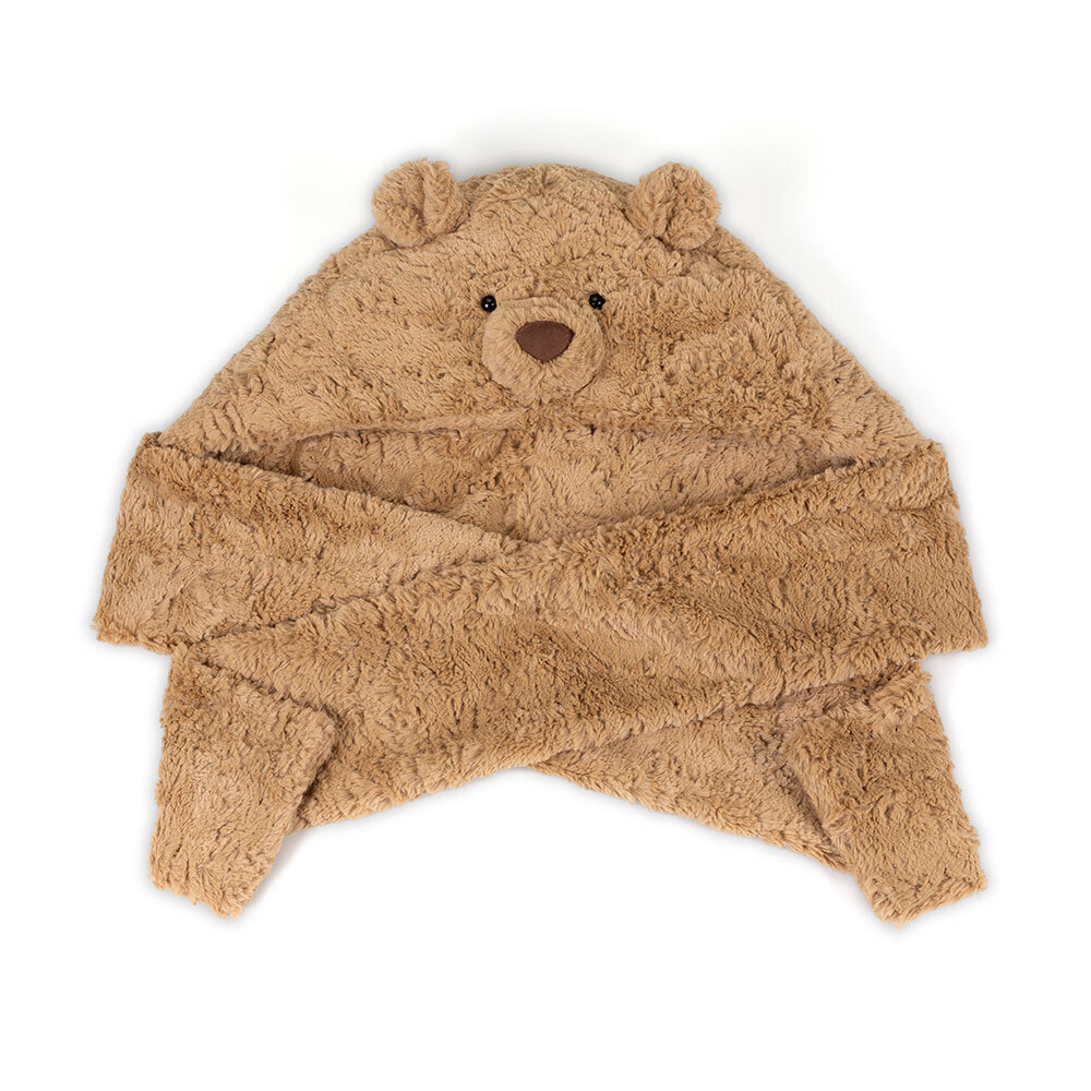 Jellycat brand bartholomew bear brown fuzzy hat and scarf combo hat with bear ears and nose on a white background