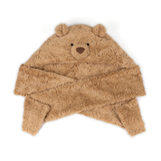 Jellycat brand bartholomew bear brown fuzzy hat and scarf combo hat with bear ears and nose on a white background