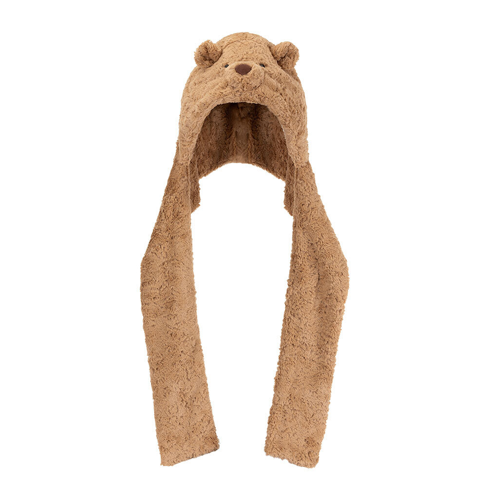 Jellycat brand bartholomew bear brown fuzzy hat and scarf combo hat with bear ears and nose on a white background