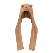Jellycat brand bartholomew bear brown fuzzy hat and scarf combo hat with bear ears and nose on a white background