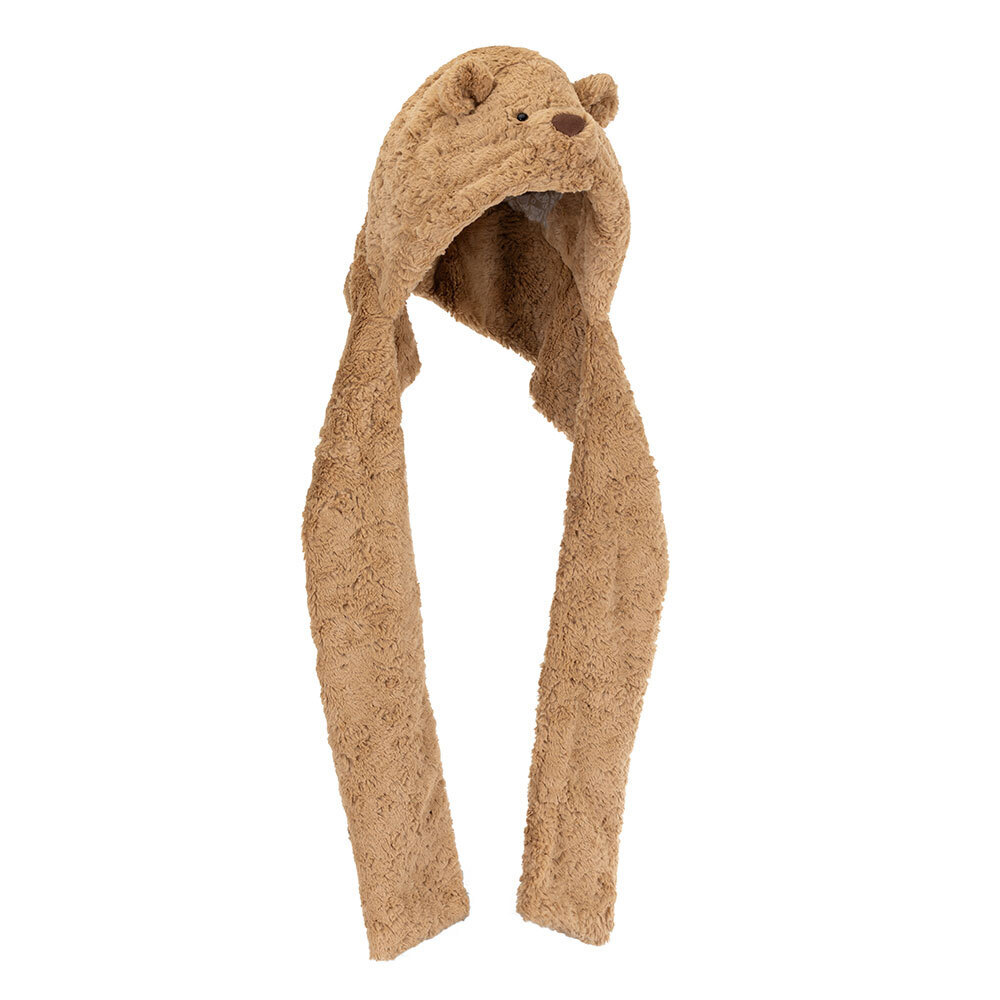Jellycat brand bartholomew bear brown fuzzy hat and scarf combo hat with bear ears and nose on a white background