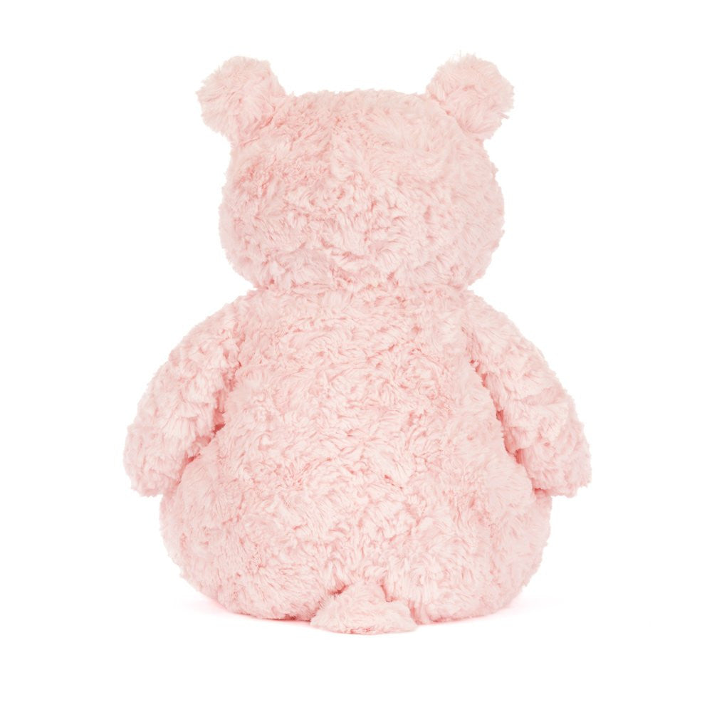 back view of Pink Jellycat teddy bear on a white background