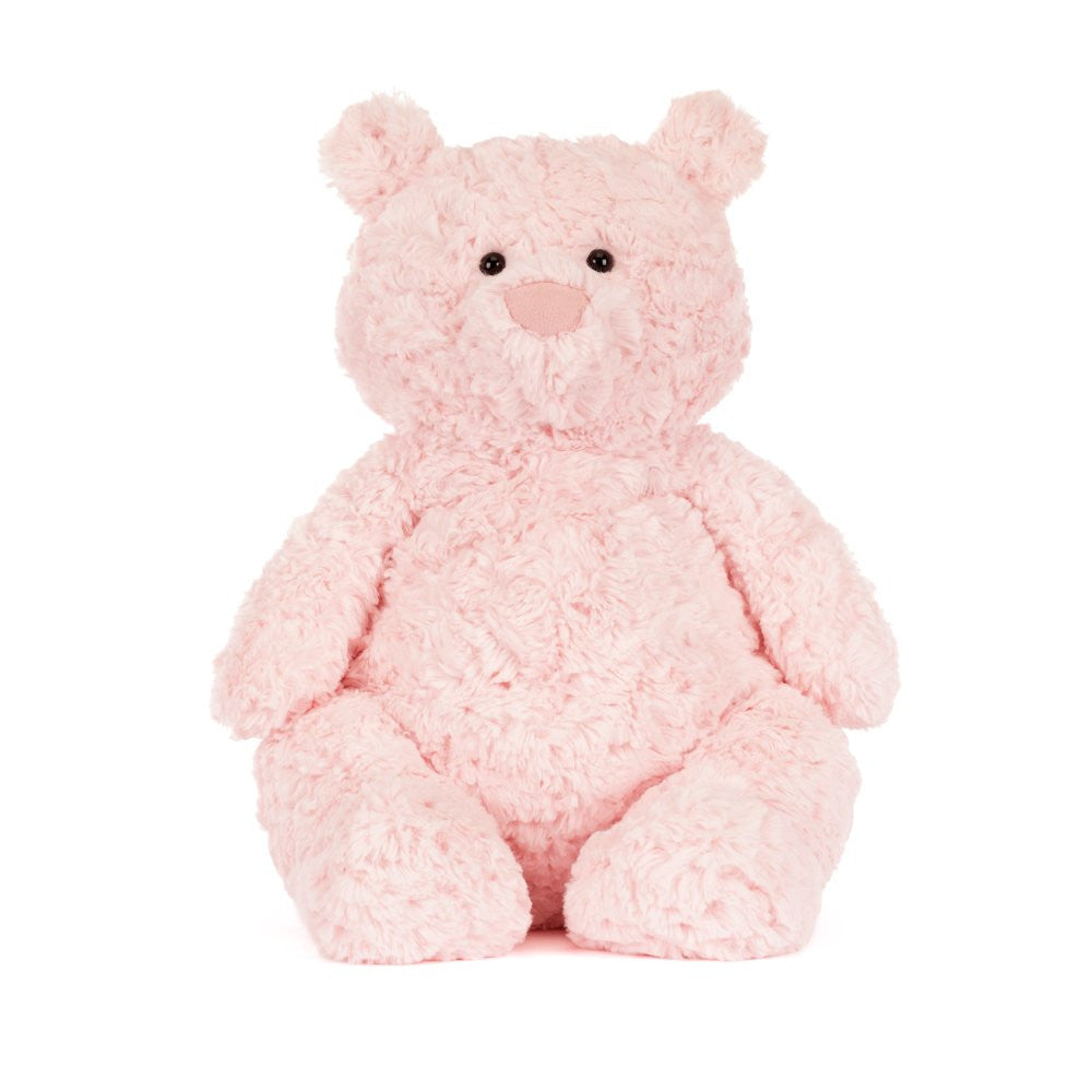 front view of Pink Jellycat teddy bear on a white background