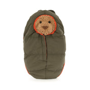 Jellycat Bartholomew Bear in a sleeping bag on white background

