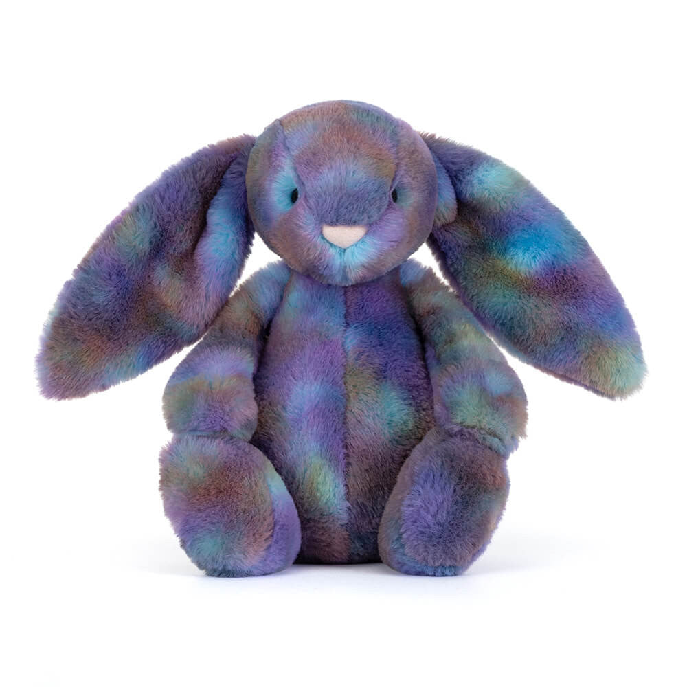 Plush toy bunny with purple galaxy style colouring with long ears and on a white background
