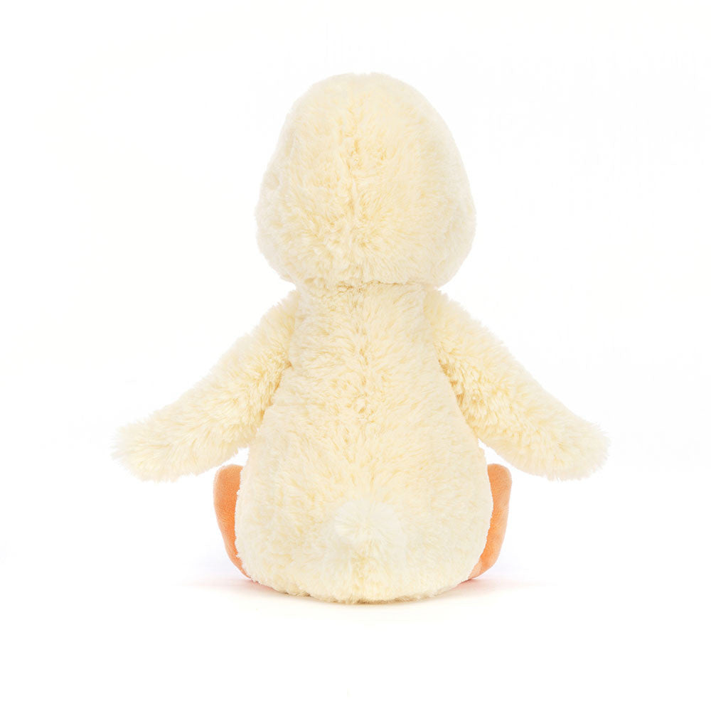 back view of a Plush jellycat duck on a white background