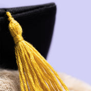 Close-up of a yellow tassel on a graduation cap against a blurred background