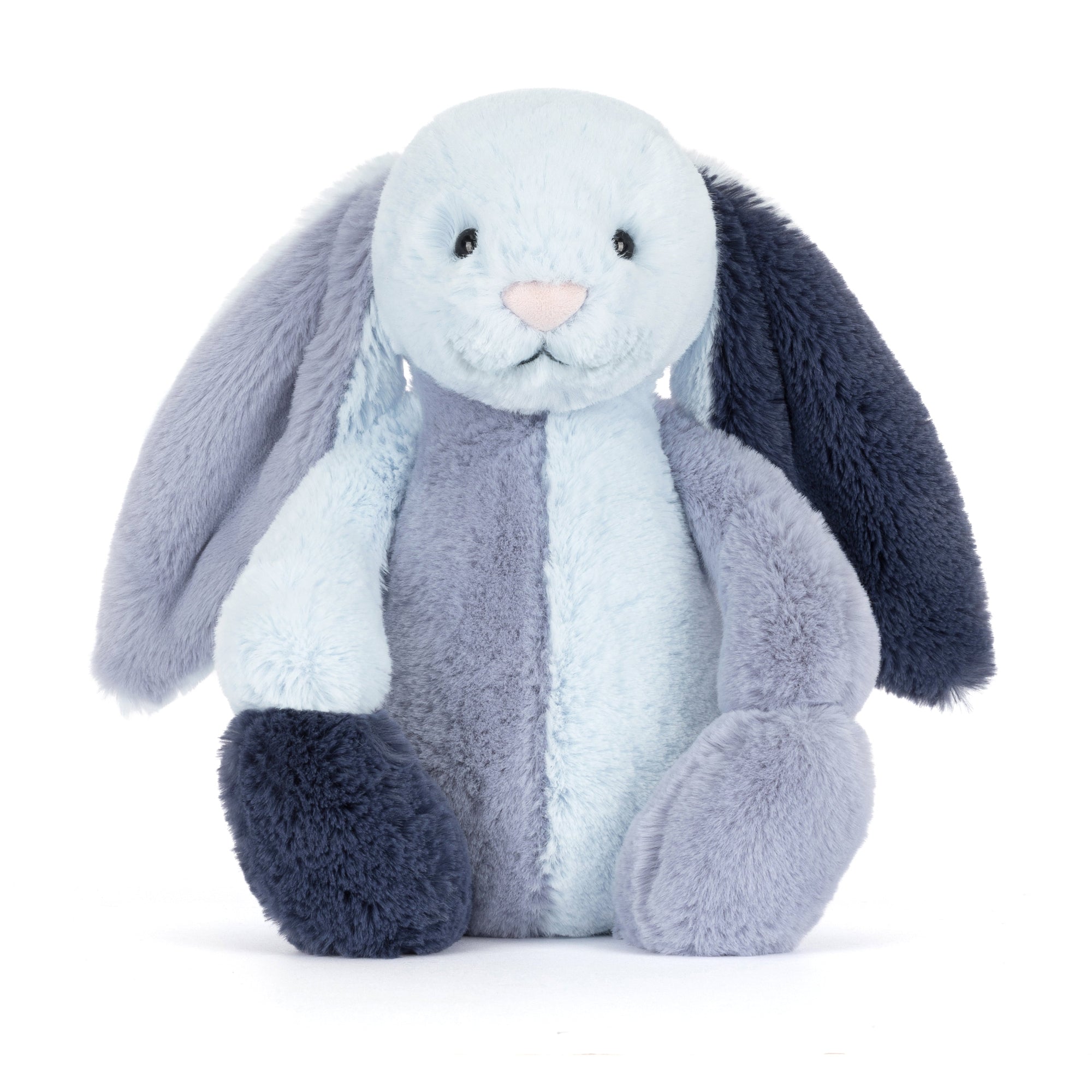 Plush blue patchwork Jellycat rabbit with blue and light blue fur on a white background