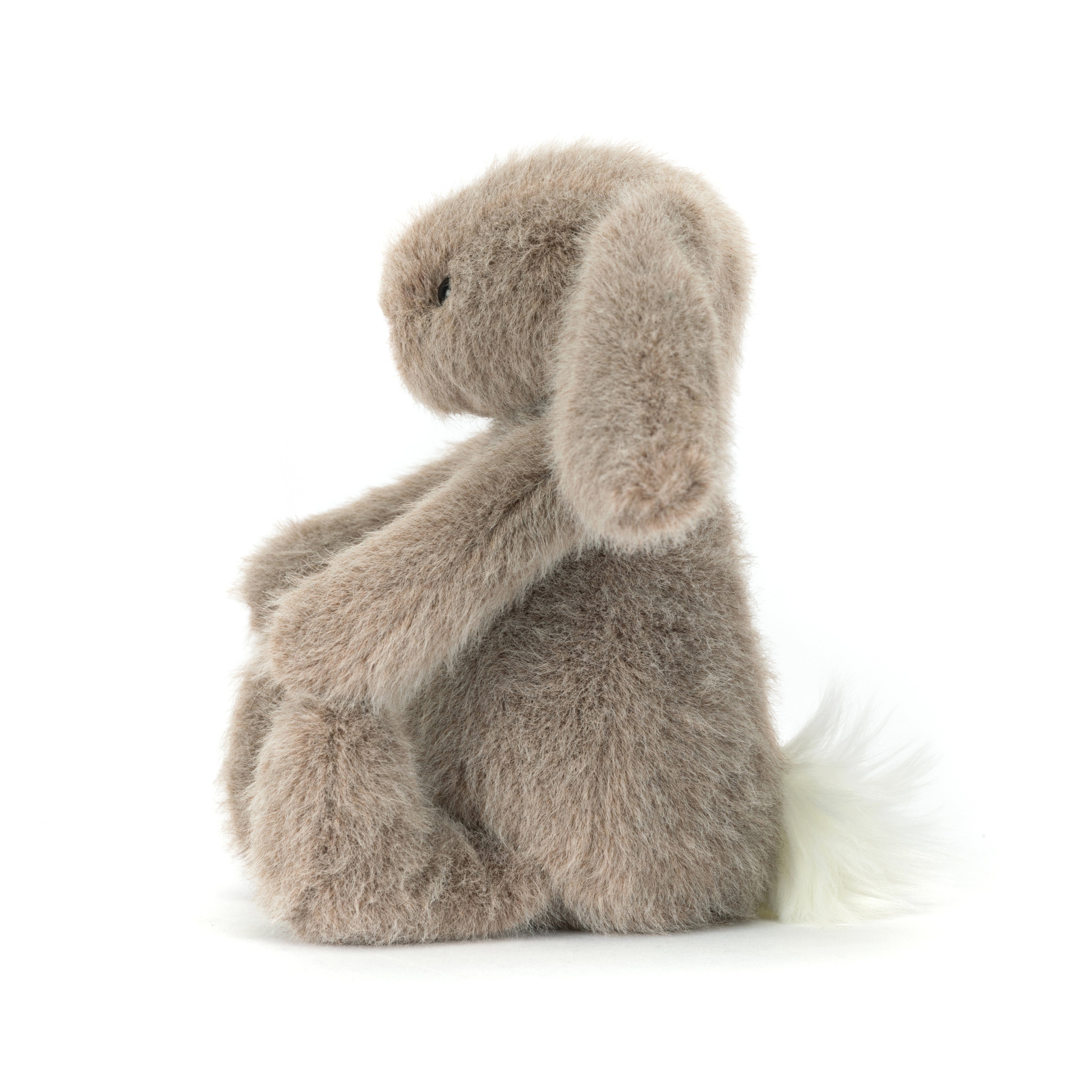 Plush grey bunny rabbit toy with a white background
