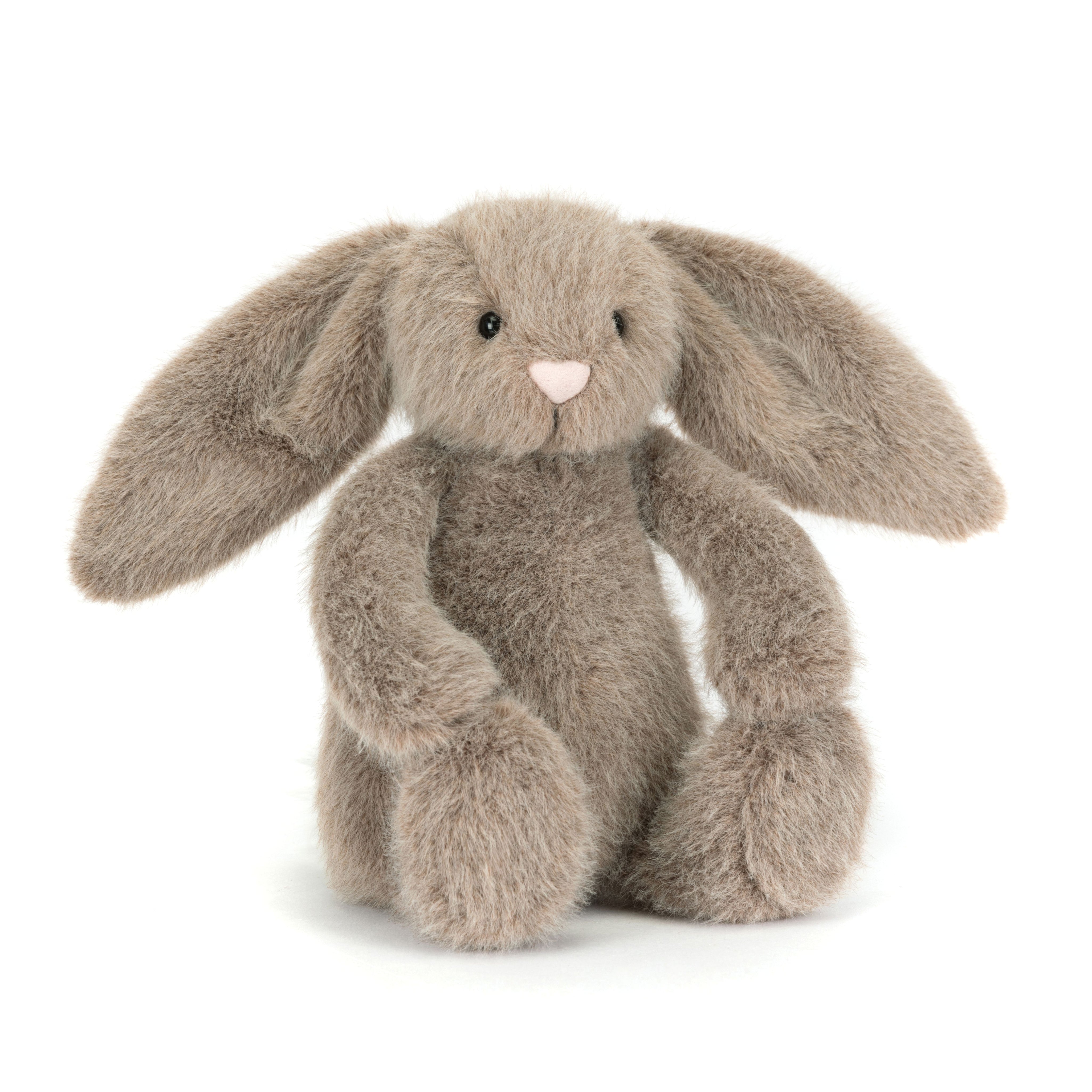 Plush grey bunny rabbit toy with long ears on a white background