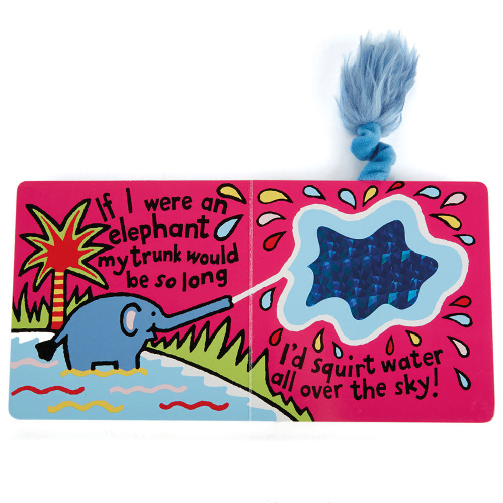 inside of A jellycat board book with a illustration of a elephant's face and a blue fluffy tail on the cover.