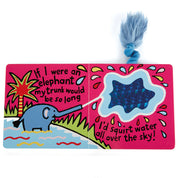 inside of A jellycat board book with a illustration of a elephant's face and a blue fluffy tail on the cover.