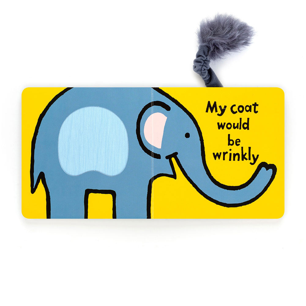 inside of A jellycat board book with a illustration of a elephant's face and a blue fluffy tail on the cover.