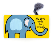 inside of A jellycat board book with a illustration of a elephant's face and a blue fluffy tail on the cover.