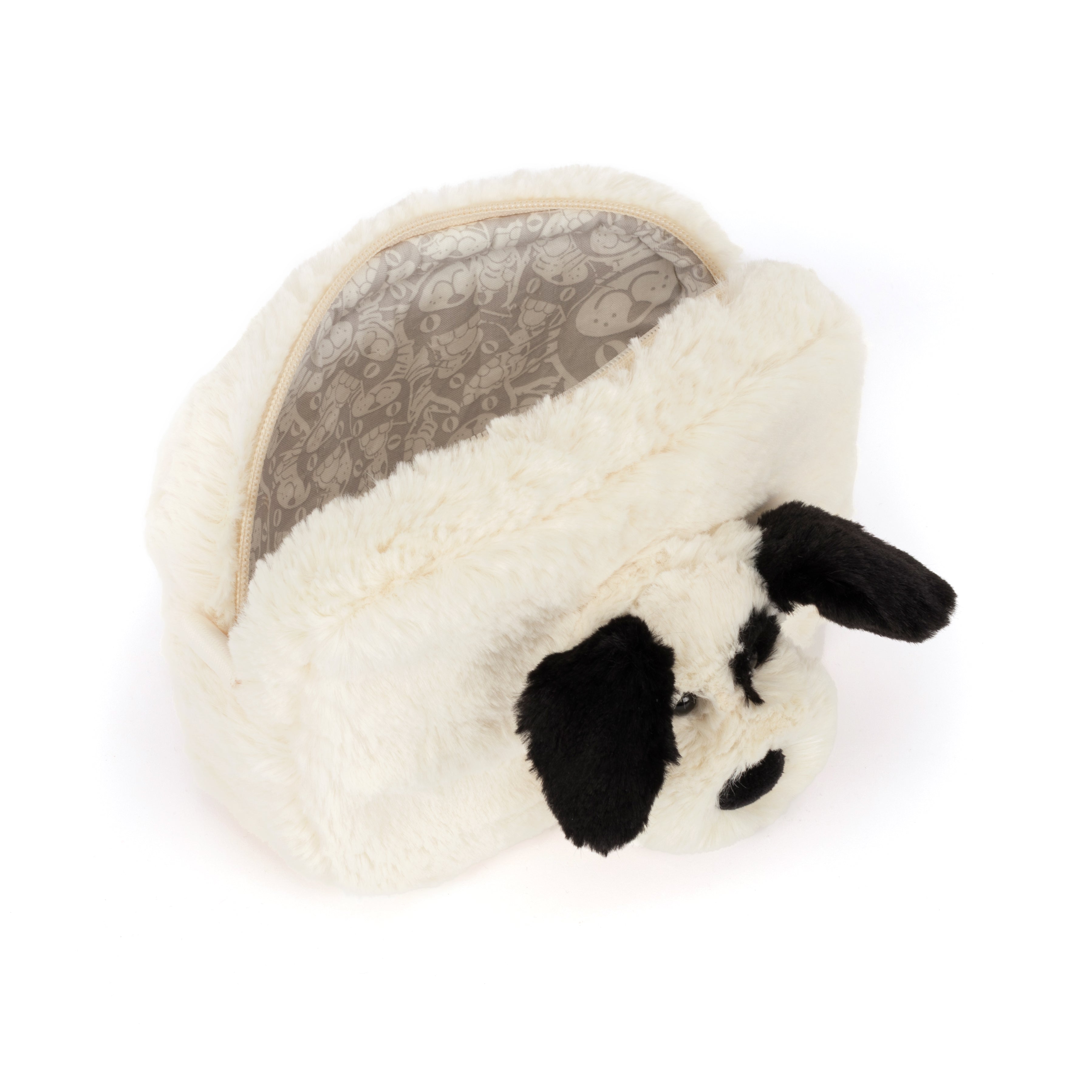 A plush dog-shaped pouch made of soft faux fur, shown on a plain white background. The exterior is cream white with black ears, nose, and eye details, and the inside lining has a gray patterned print.