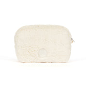 A cream-colored faux fur cosmetic pouch with a small silver zipper pull and a circular embossed logo on the back, set against a plain white background.