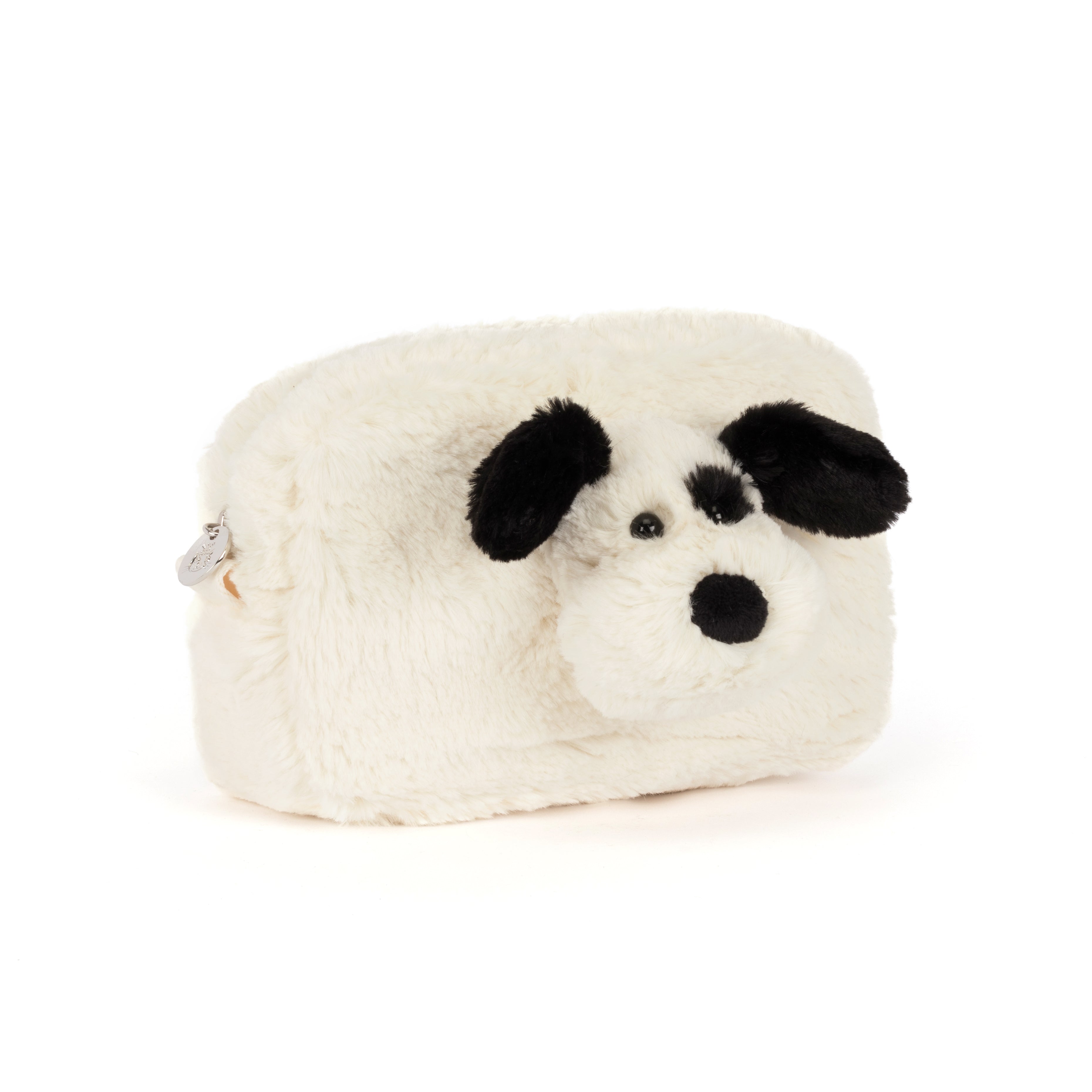 A white faux fur cosmetic pouch shaped like a dog's head, featuring black ears, nose, and eyes, on a solid white background.
