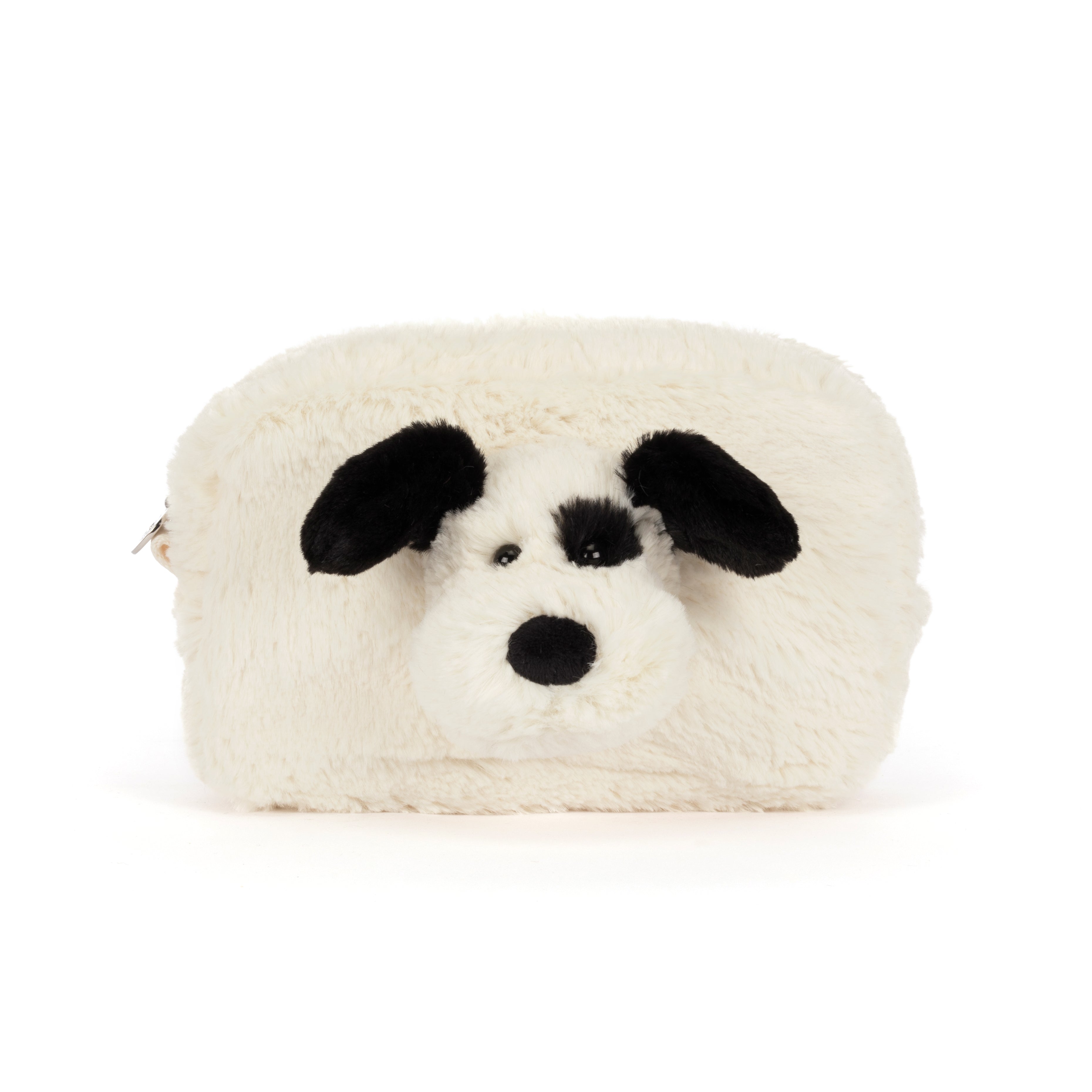 A fluffy faux-fur pouch shaped like a dog face, featuring black ears, nose, and eyes on a white background.