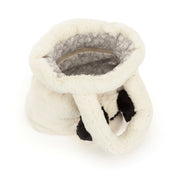 A plush white handbag featuring black faux-fur ears and a gray patterned interior lining, shown on a white background.
