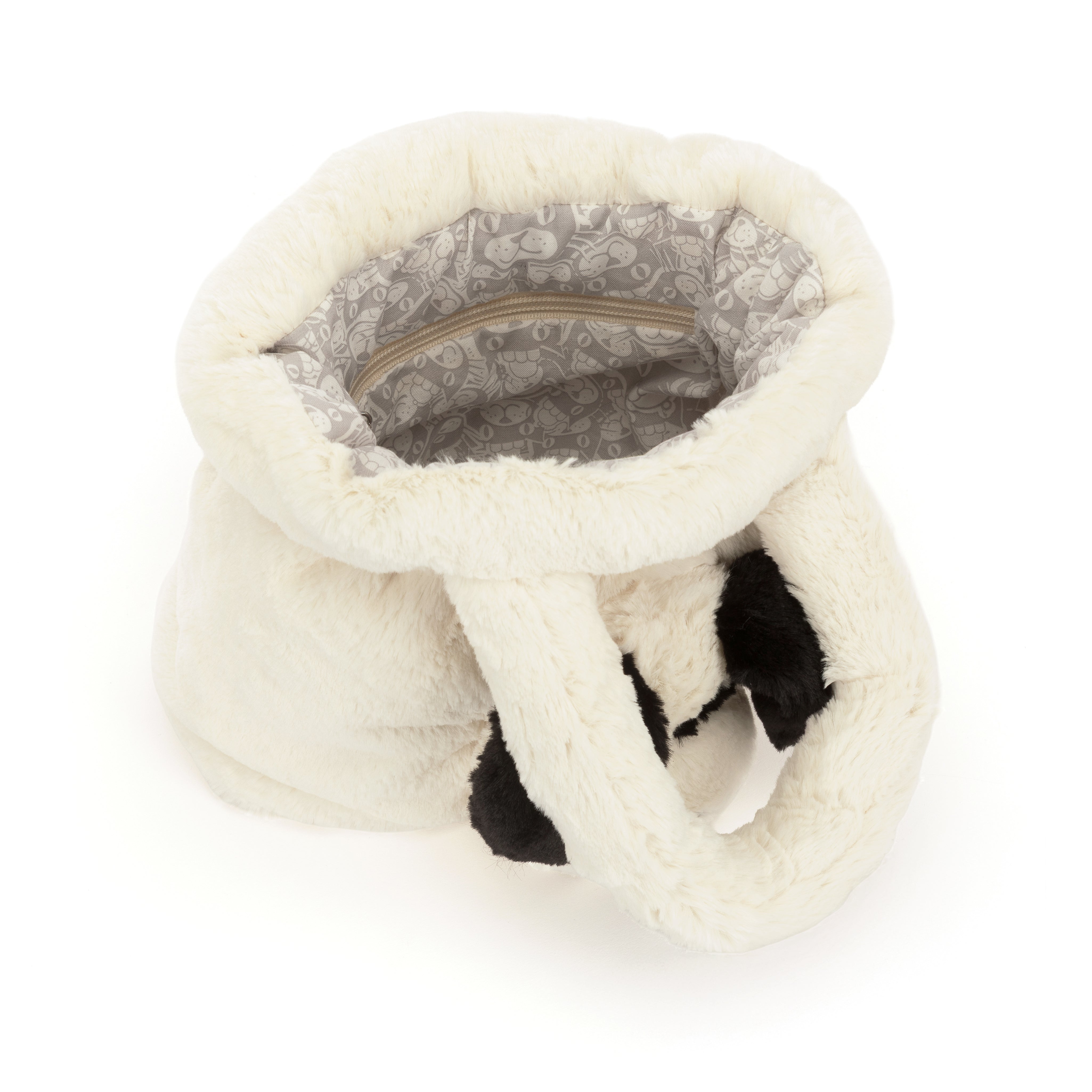 A plush white handbag featuring black faux-fur ears and a gray patterned interior lining, shown on a white background.