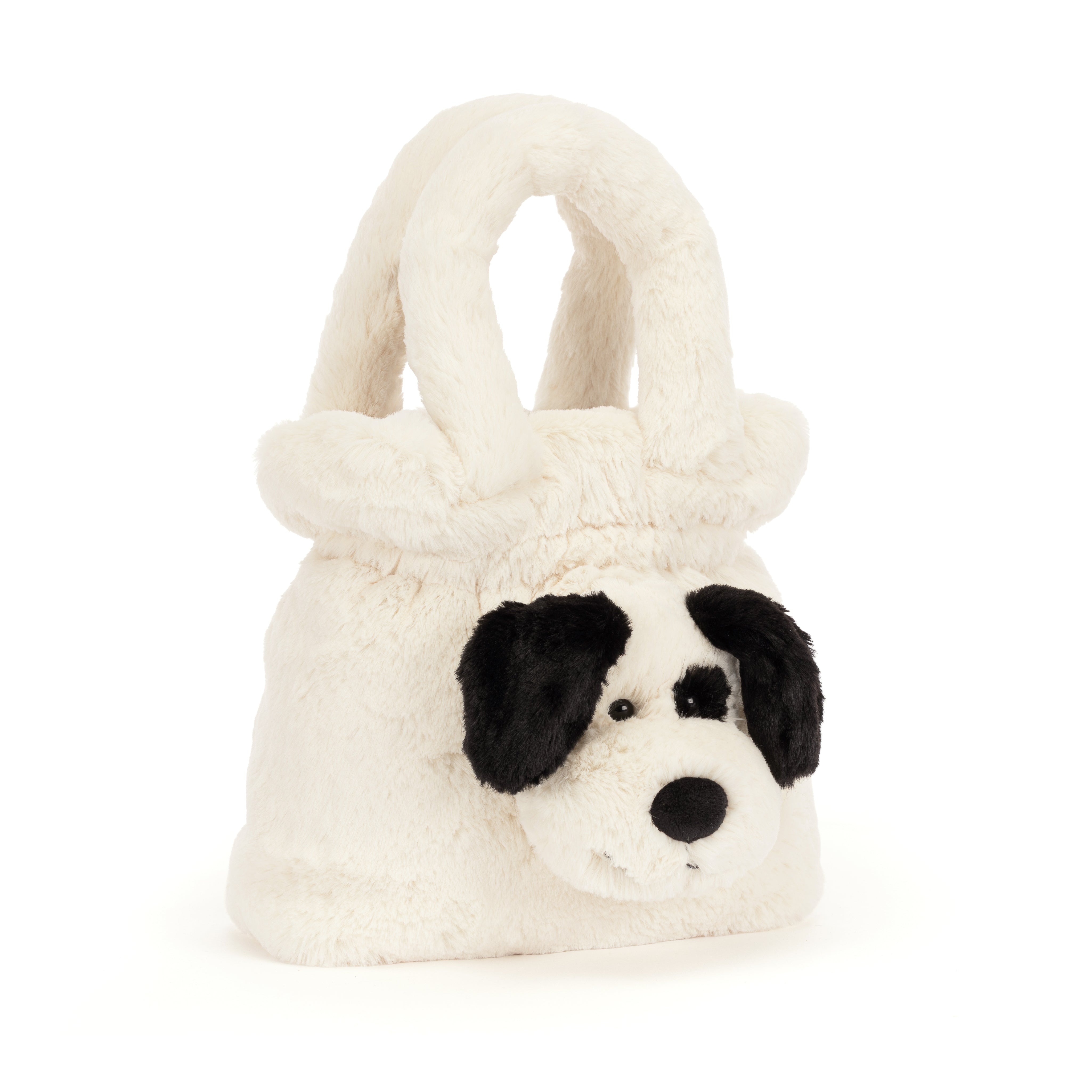 A plush white dog-shaped handbag with black ears, black eyes, and a black nose, rounded top handles on a white background.