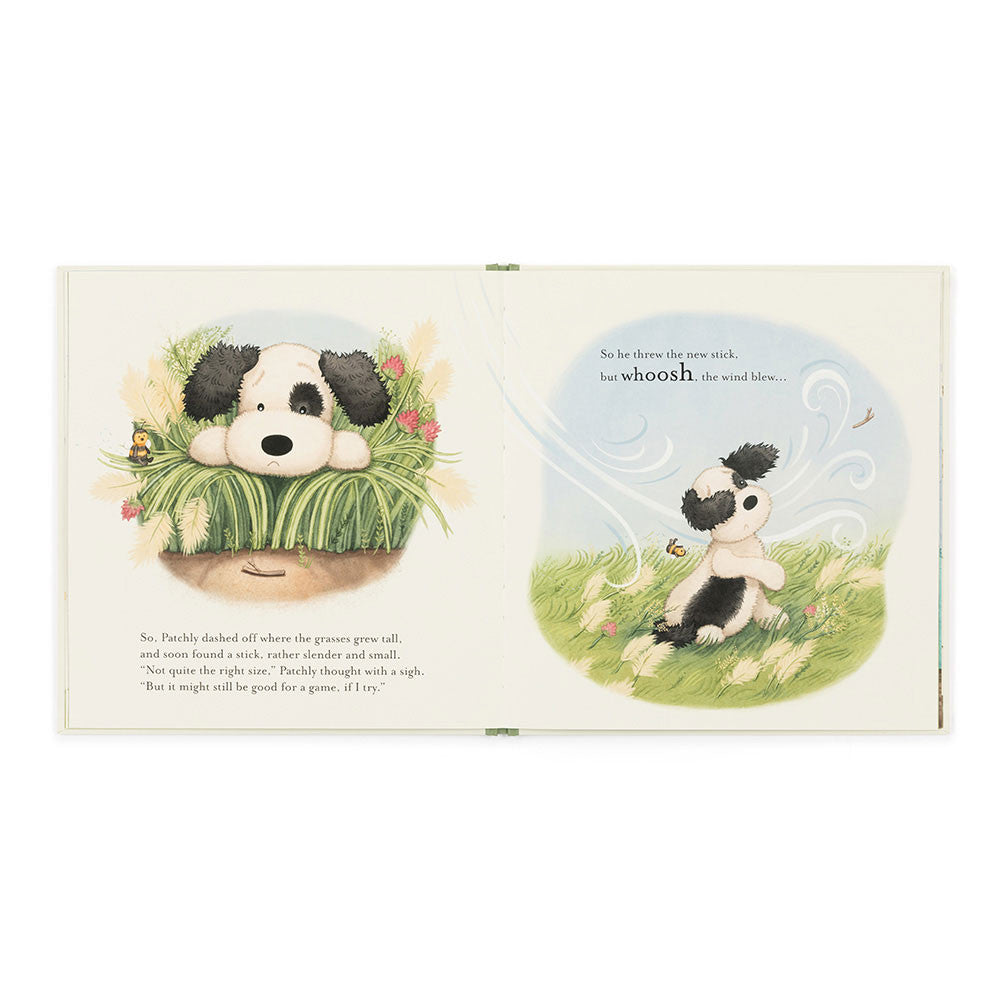 inside view of Book of 'The Pick of the Sticks' by jellycat with a puppy illustration on a white background