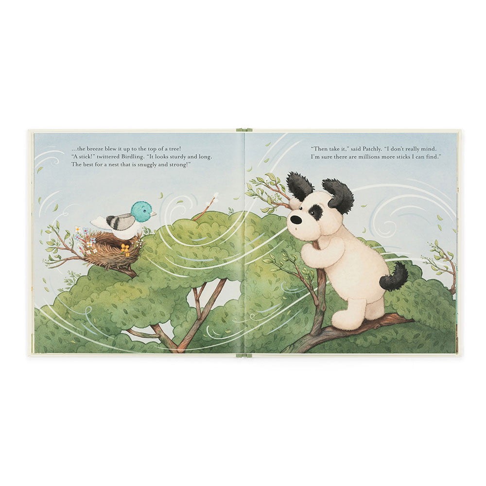 inside view of Book of 'The Pick of the Sticks' by jellycat with a puppy illustration on a white background