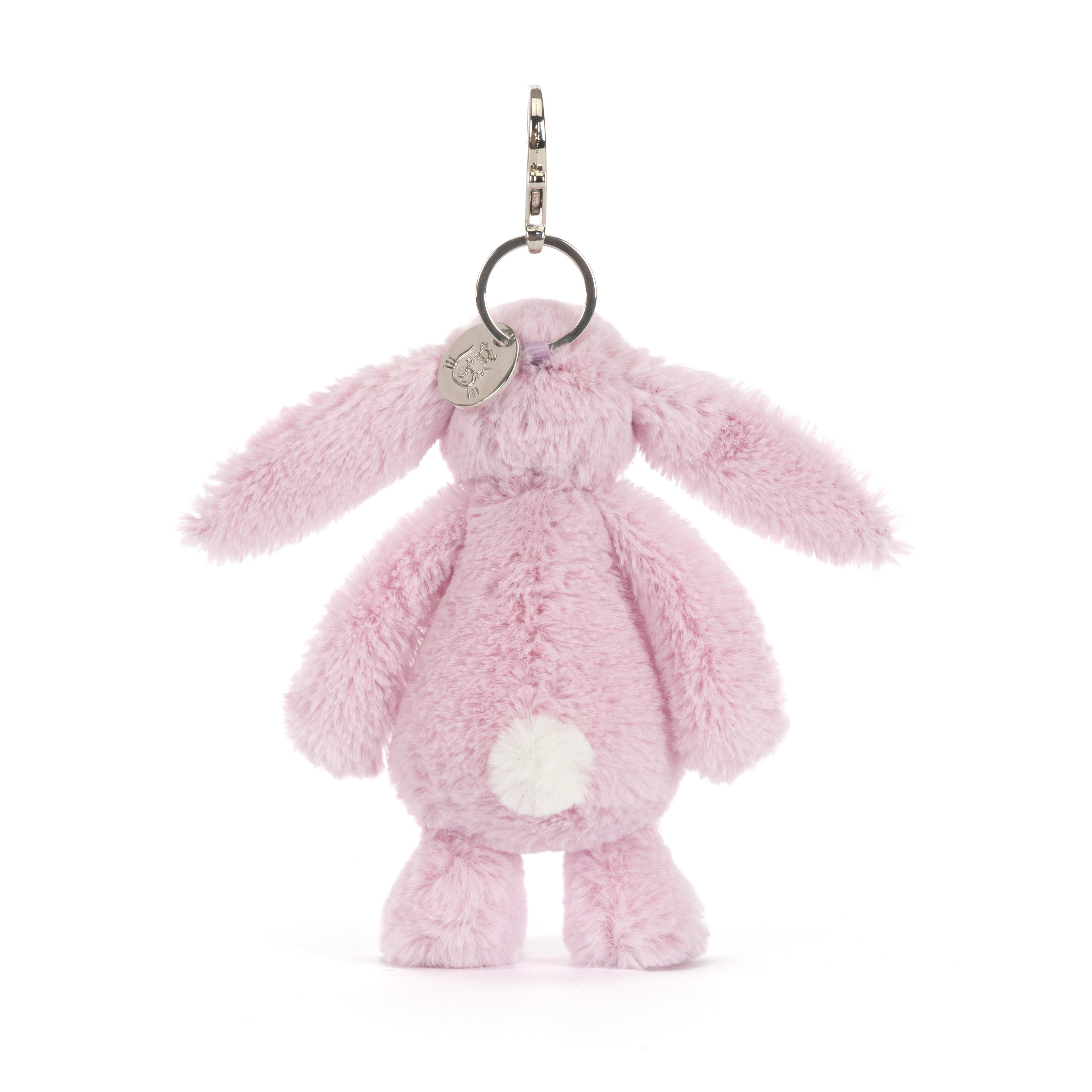 Pink plush bunny keychain with a tag on a white background