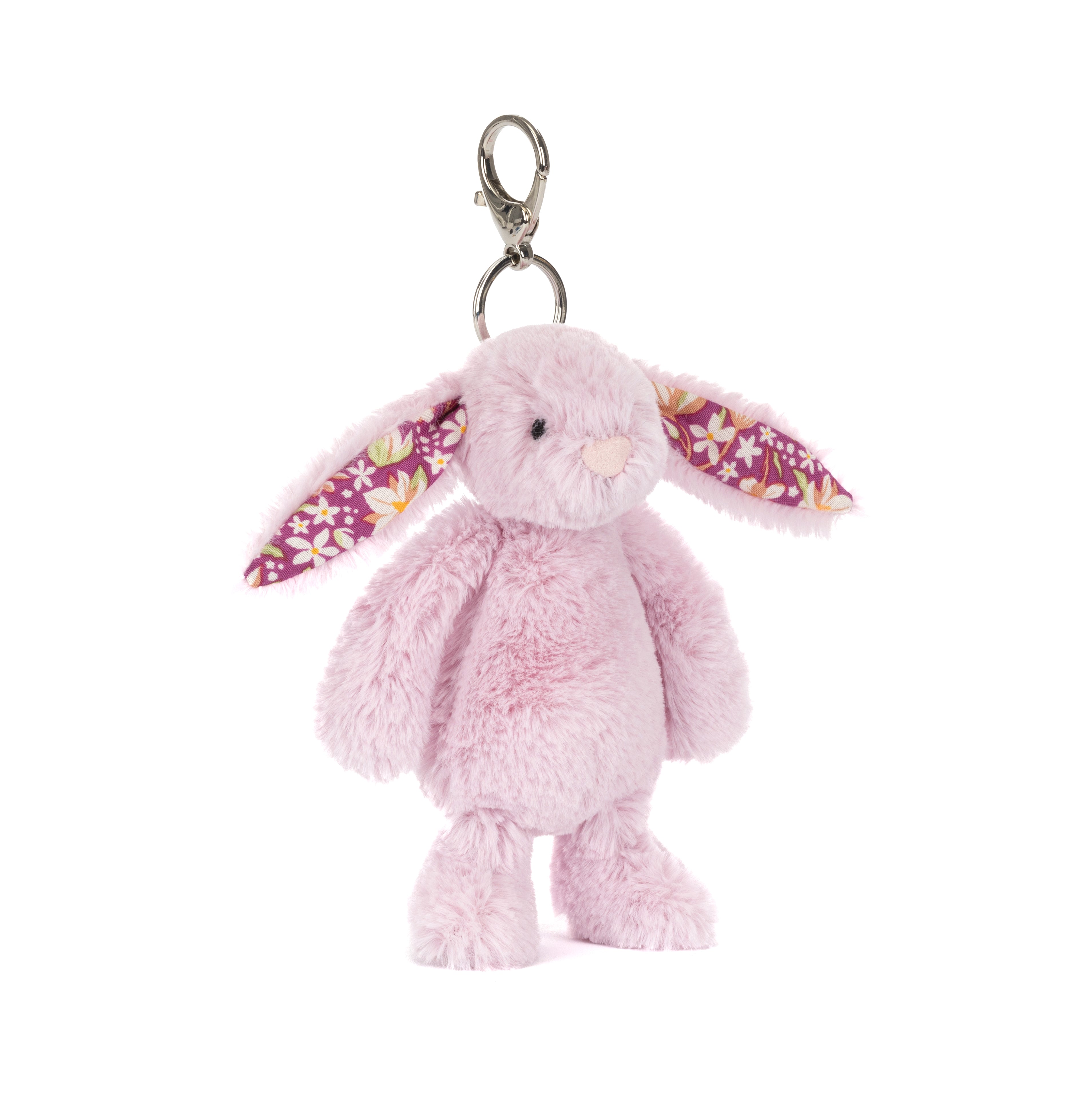 Pink plush bunny keychain with floral ears on a white background