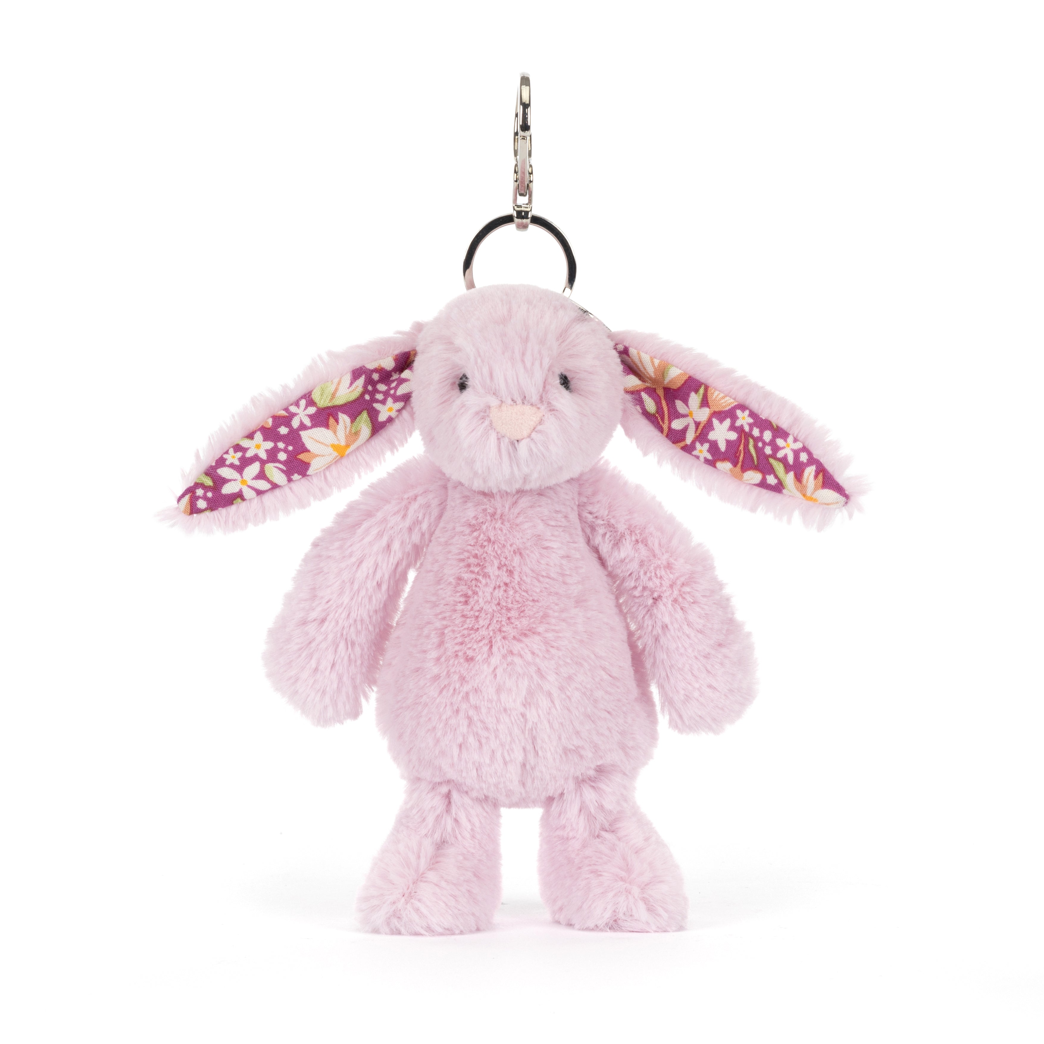 Pink plush bunny keychain with floral ears on a white background