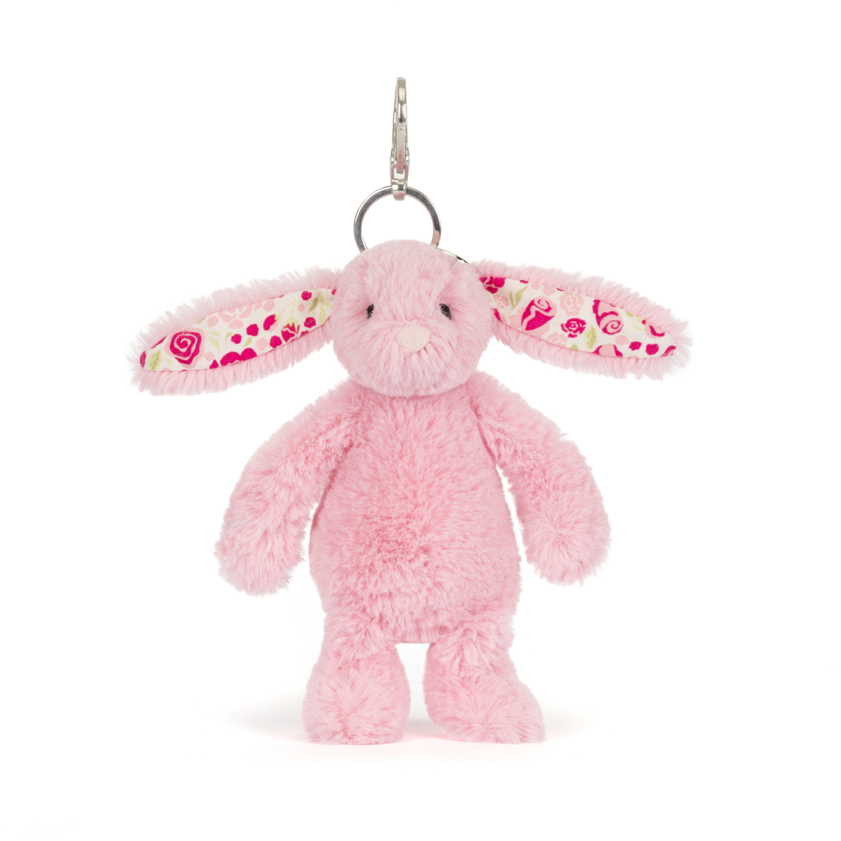Pink bunny plush keychain with floral ears on a white background
