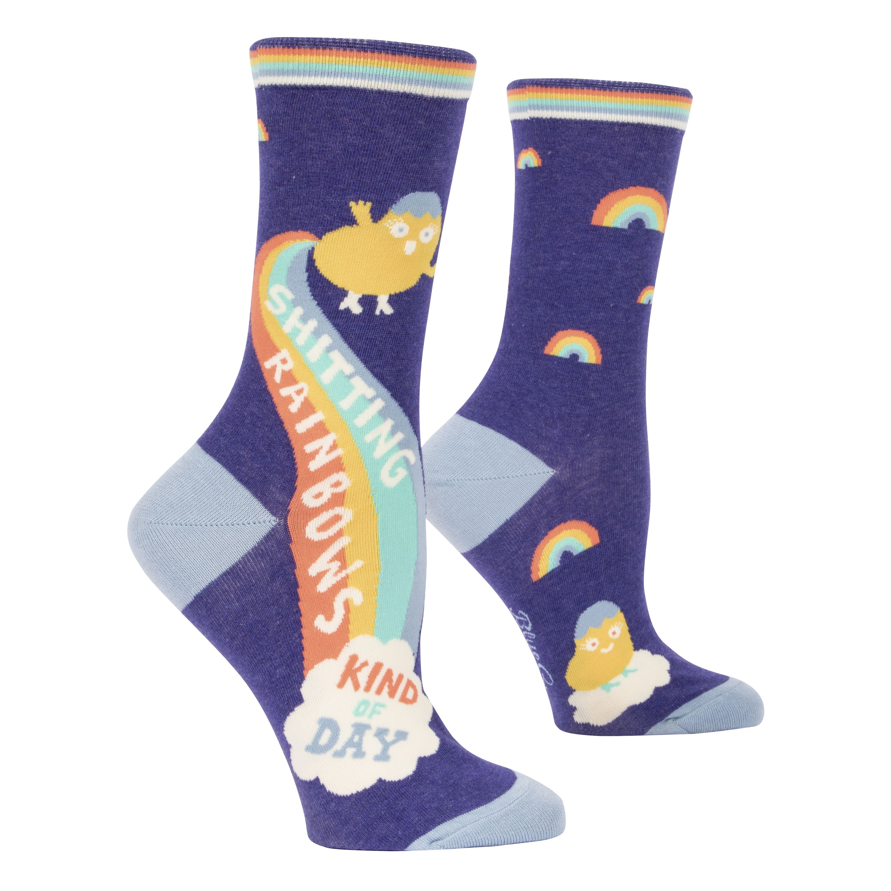 blue socks with a baby chick on a rainbow and cloud that says shitting rainbows kind of day. Also has mini rainbows around 