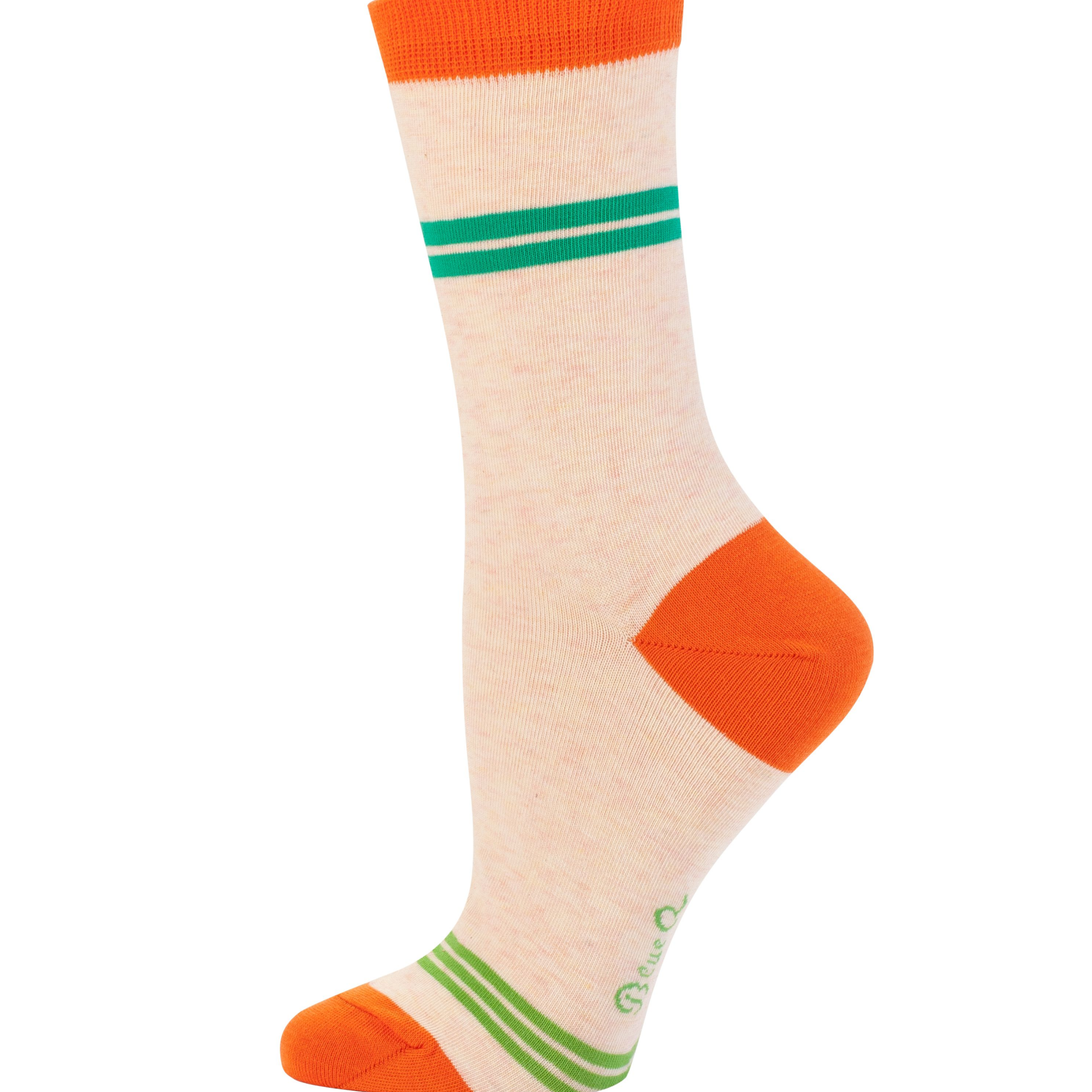 cream sock with orange tips and green lines 