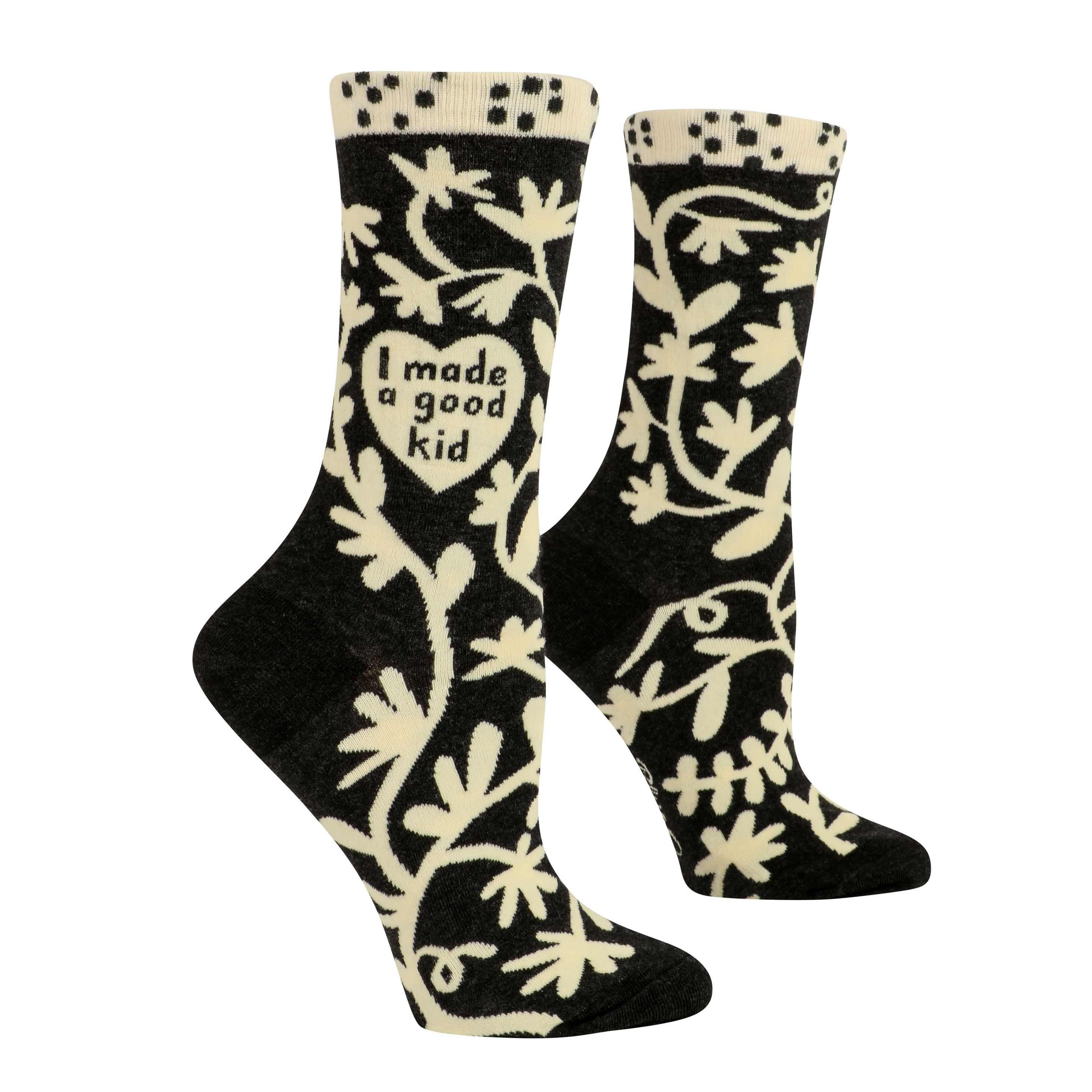 black socks with cream floral details with heart that says i made a good kid
