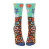 socks with colourful worms in mud at bottom up with colourful flowers up top and they say i dig dirt