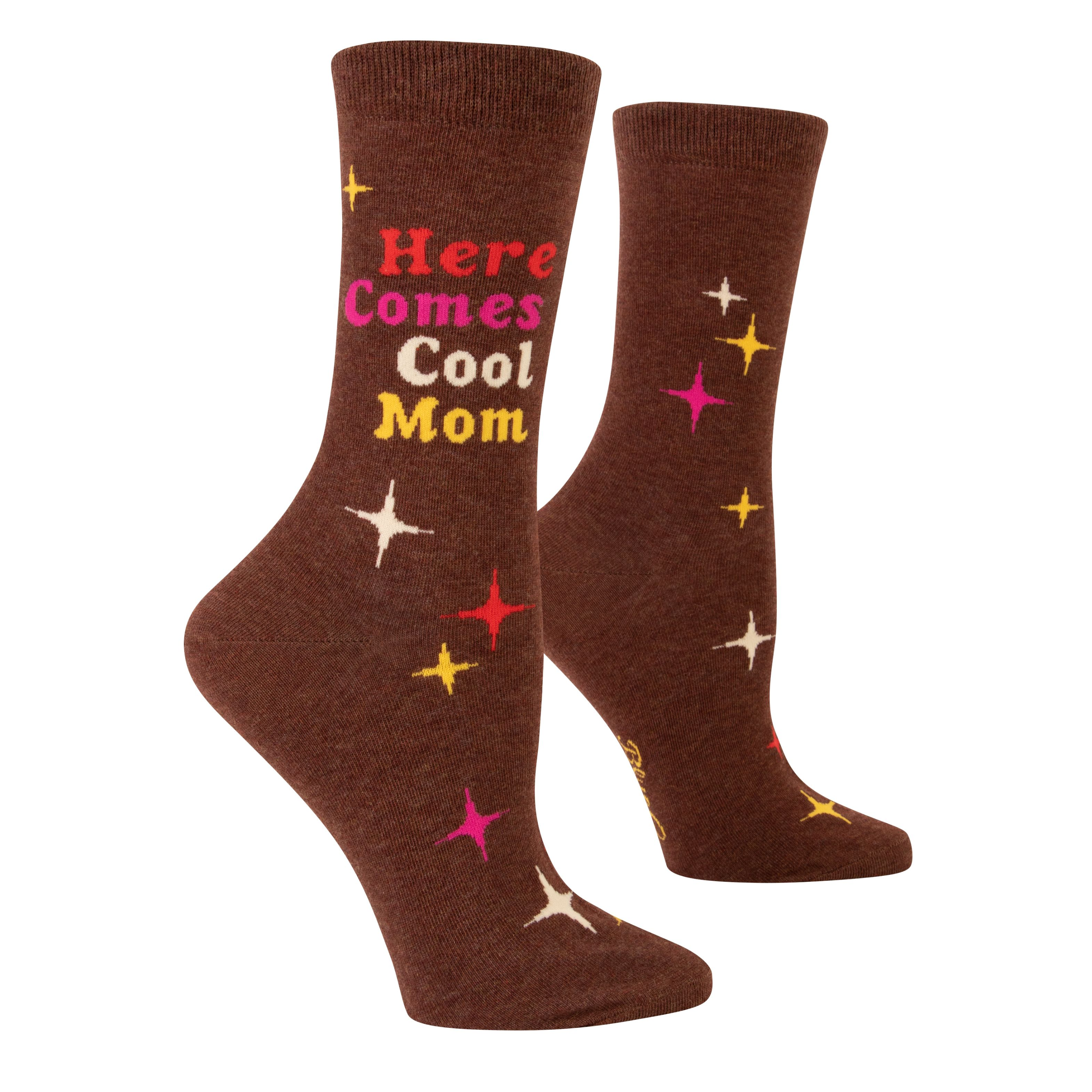 brown socks with white pink yellow and red stars and on ankle it says here comes cool mom