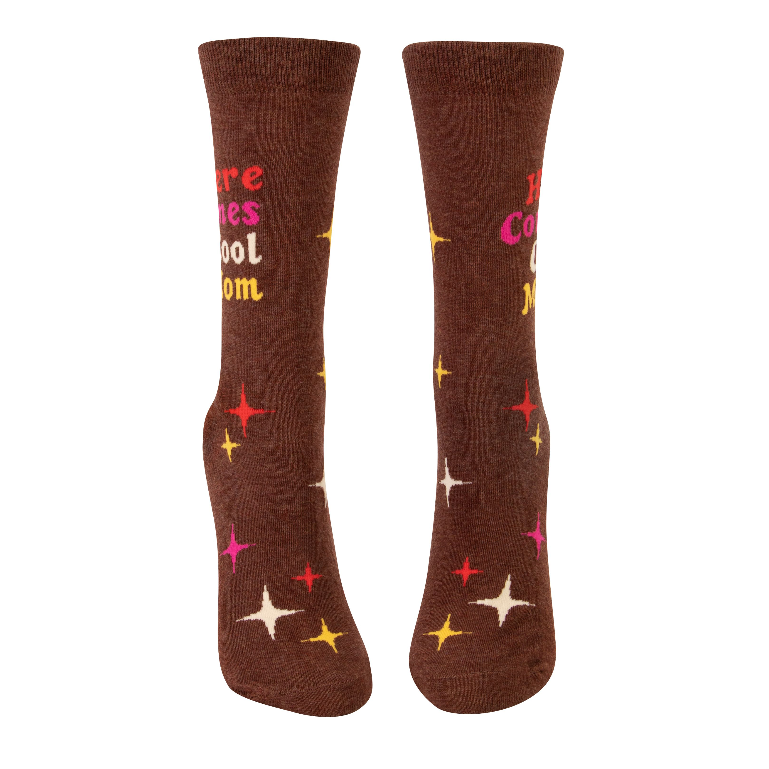 brown socks with white pink yellow and red stars and on ankle it says here comes cool mom