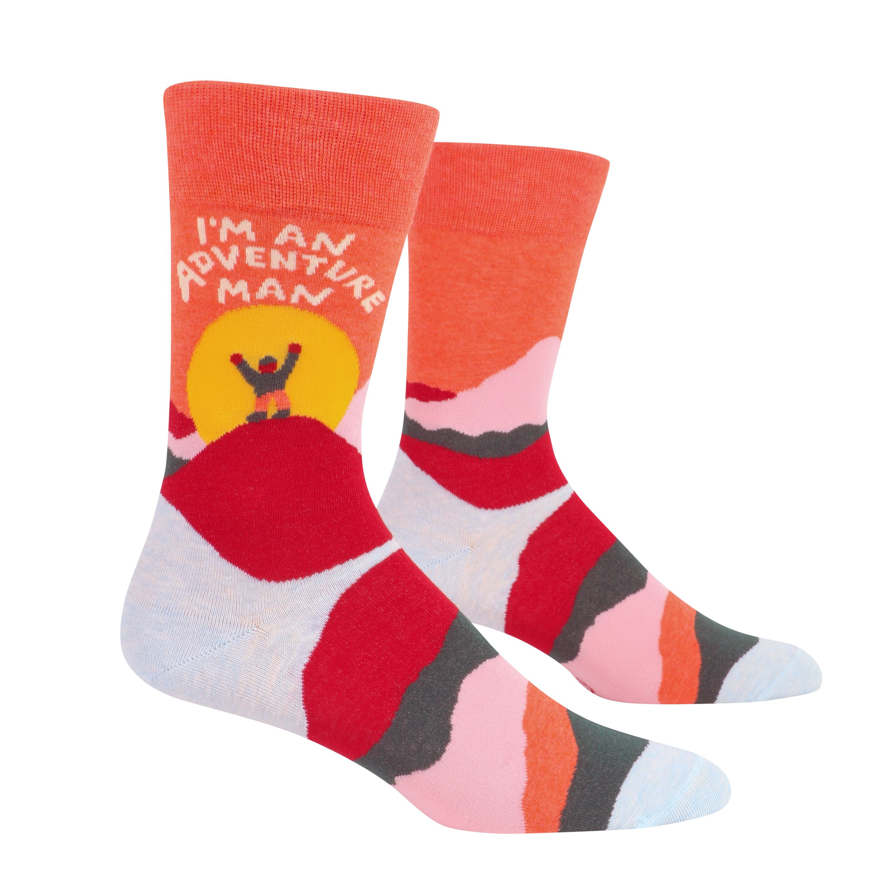 warm toned multicolour socks that show a sunrise with a person on top of hill with sun in behind and it says i'm an adventure man