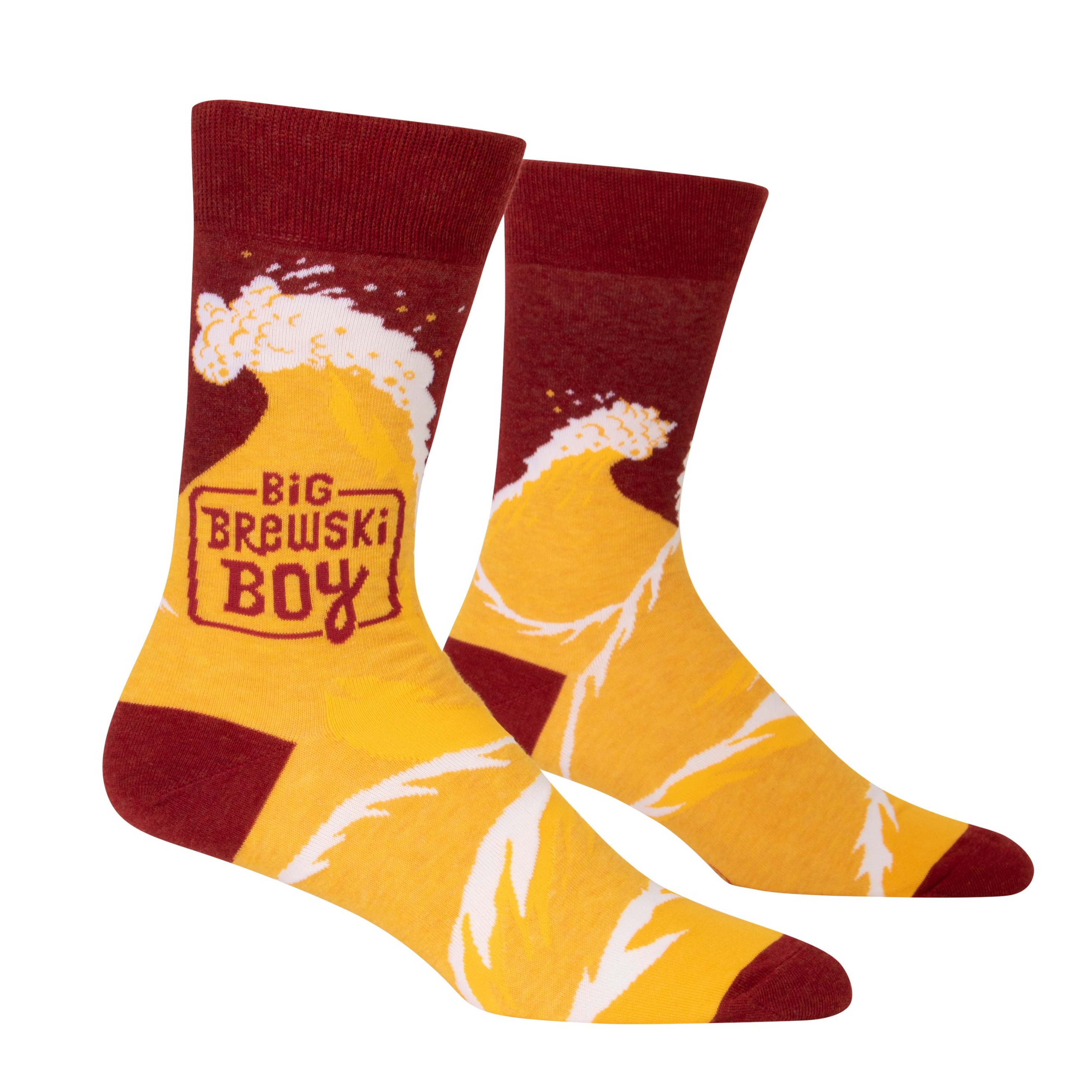 red socks with big yellow beer wave around toe and ankle and it says big brewski boy