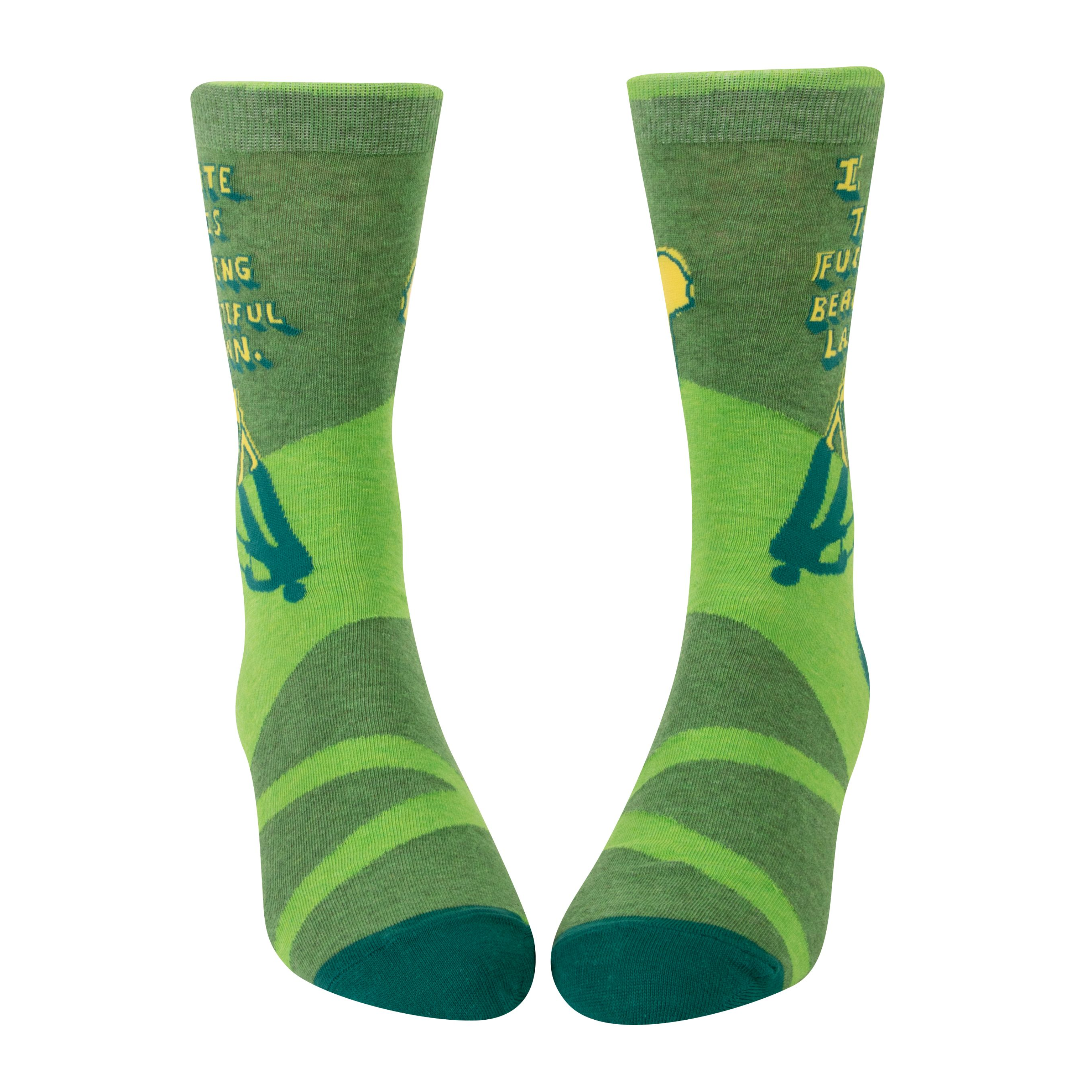 multi green socks with figure of person mowing lawn 