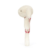side view of Plush bunny baby rattle toy from jellycat with a floral ring on a white background