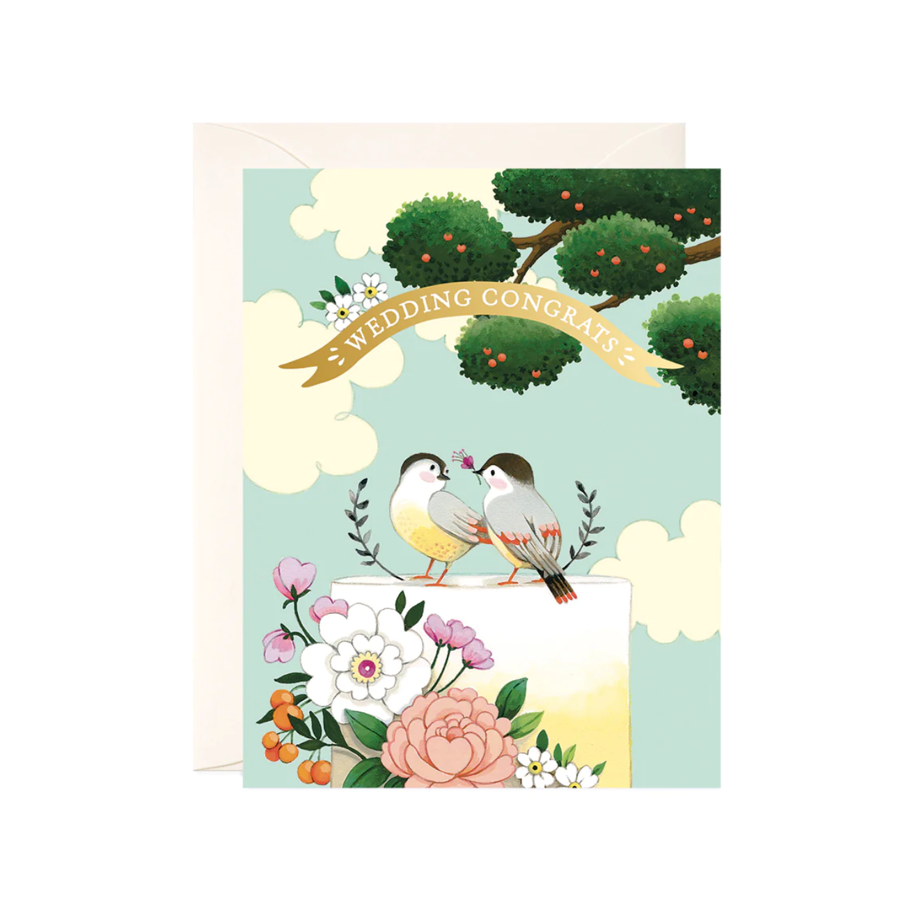 sky blue greeting card with illustration of apple tree and wedding cake with flowers and birds sitting on top with gold banner that reads "wedding congrats"