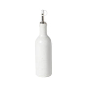 White ceramic oil bottle with a metallic nozzle on a white background