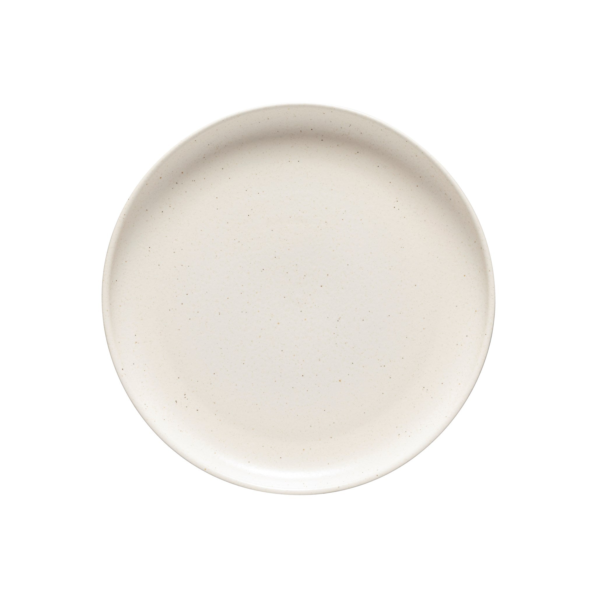Round ceramic plate with a speckled beige pattern on a white background