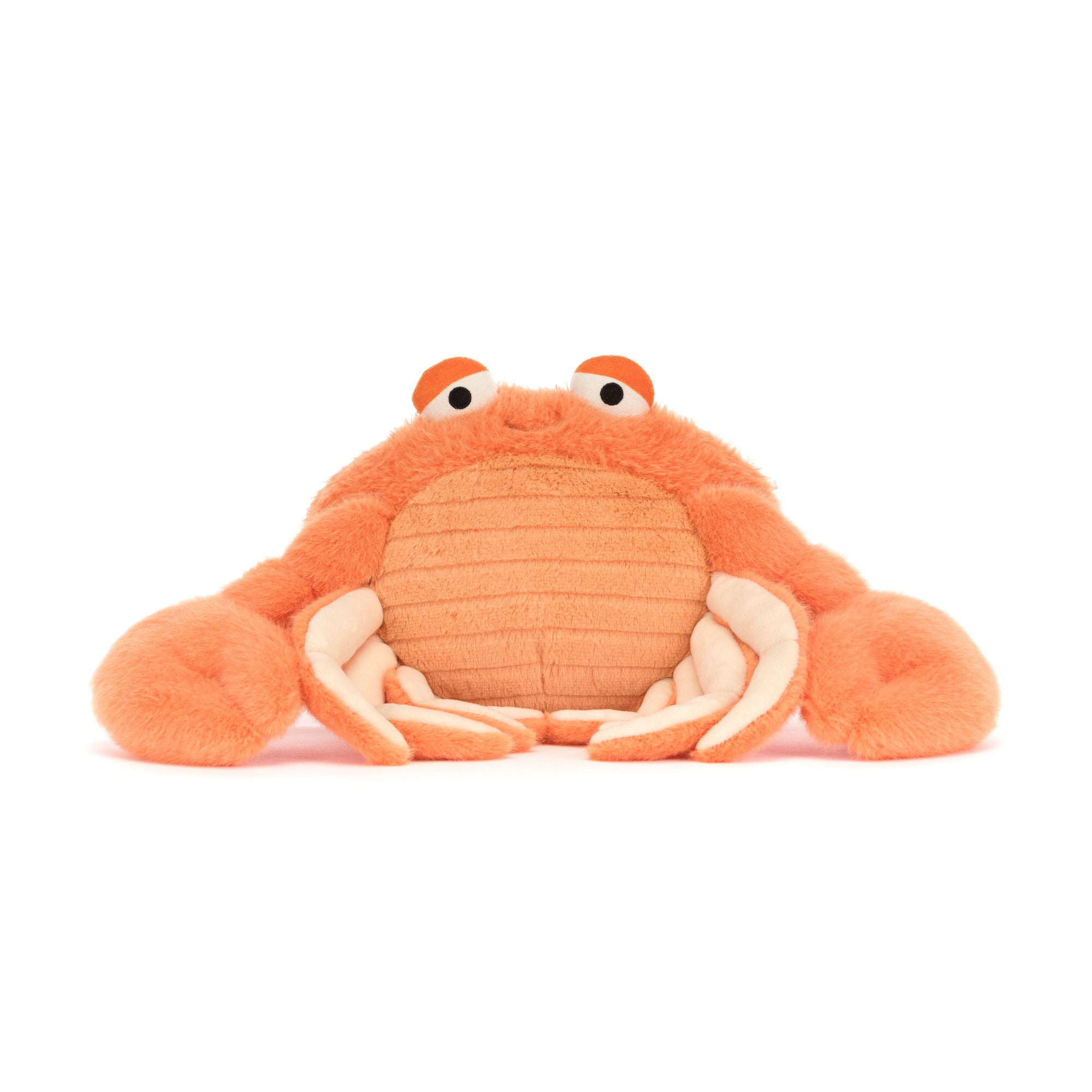 Plush crab jellycat with orange and beige colours on a white background