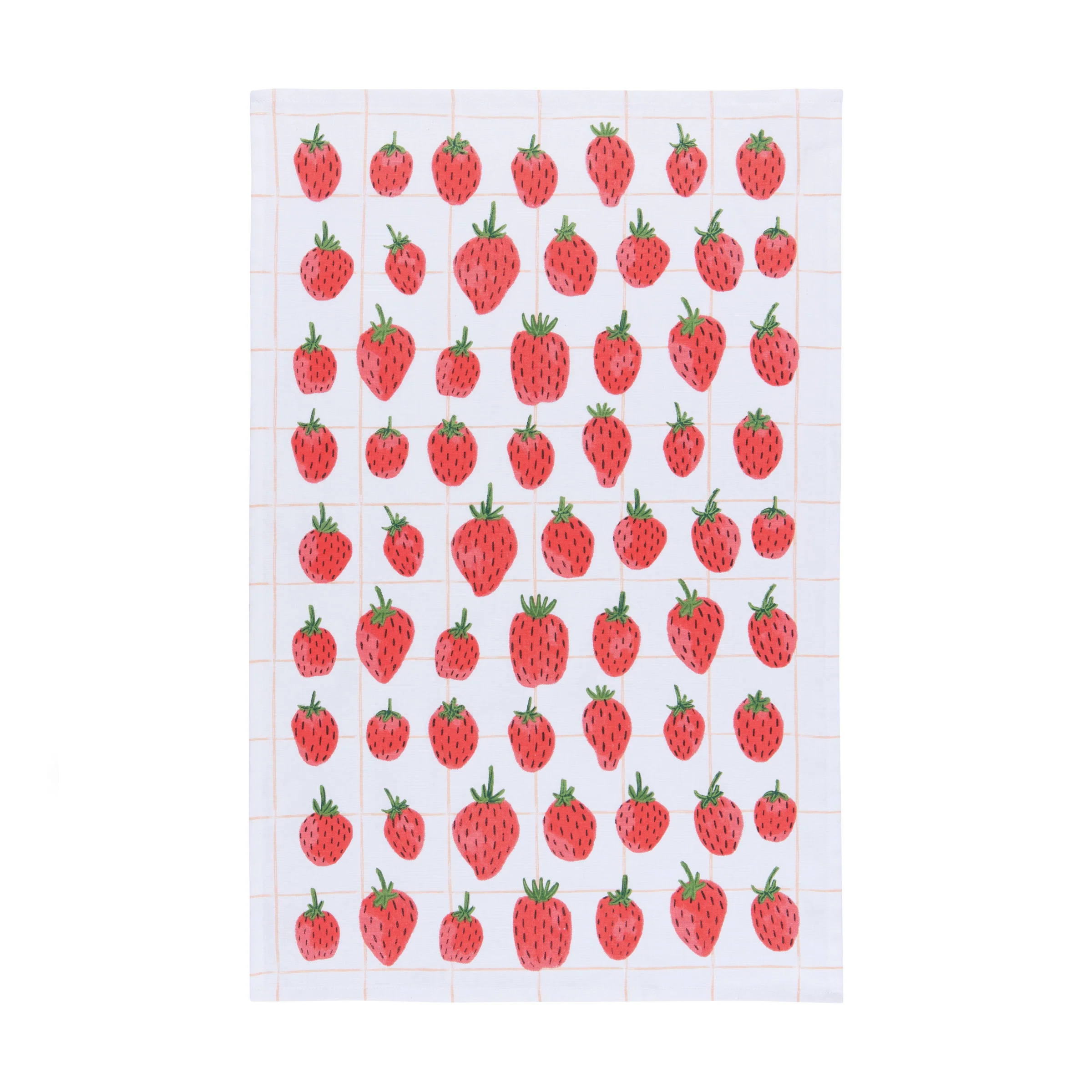 white tea towel with soft pink gris and many red strawberry illustrations made by danica